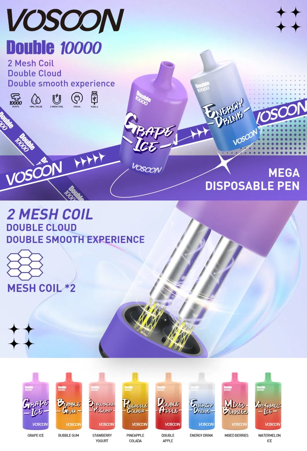 2023 Newest Two Mesh Coil Disposable Vape Pen E-Cigarette 10000 Puffs Vosoon Atomizer Empty Pod Wholesale OEM Electronic Cigarette Vape